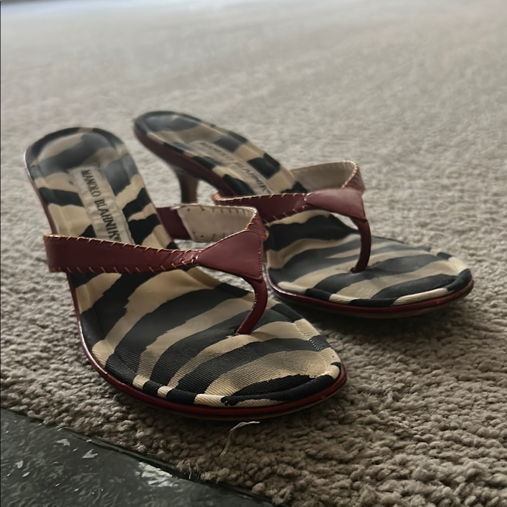 Manolo Blahnik Red and Black Sandals with Strappy Design